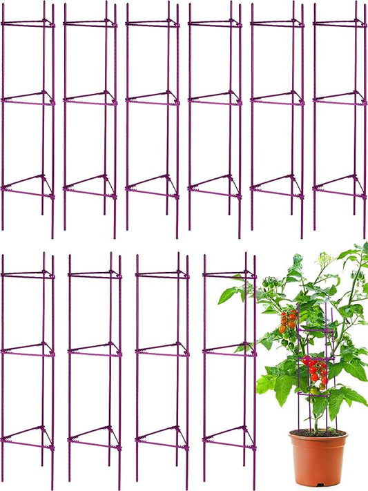 10 Packs Tomato Cages for Garden Support Up to 48" Tomato Plant Stakes Support with Adjustable Snap Arms Clips Plastic Coated Alloy for Outdoor Beans Potted Climbing Plant Supplies(Purple)