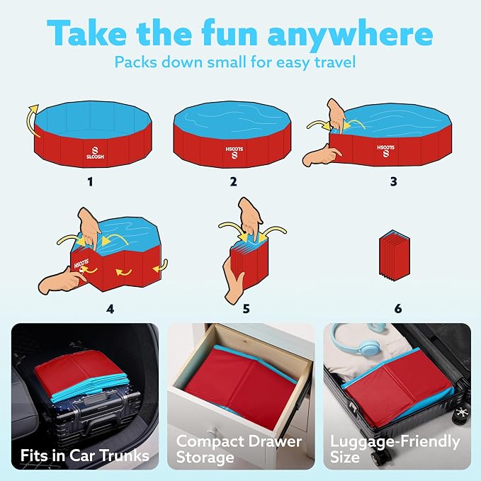 Sloosh Foldable Dog Kiddie Pool - Portable Hard Plastic Doggie Swimming Pool, Anti-Slip Collapsible Pets Bath Tub Suitable for Kids Toddler Indoor Outdoor Backyard Use (Red, 32" x 8")