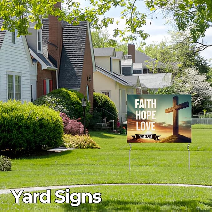 Faith, Hope, Love - Visit Us! Yard Sign by DC | 24"x18" Double Sided Church Garden Sign with 13” Metal Stakes | Outdoor Signs Waterproof for Lawn, Patio, Sidewalk & House | Set of 1 | Made in USA