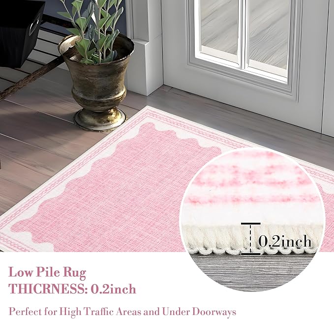 Garvee Entryway Rug 3x5 Washable Bordered Modern Rug Foldable Low Pile Pink | Stain-Resistant Carpet Ultra Soft Non Slip Lightweight Rugs Indoor Non-Shedding Mat for Kitchen Bedroom Nursery Entrance