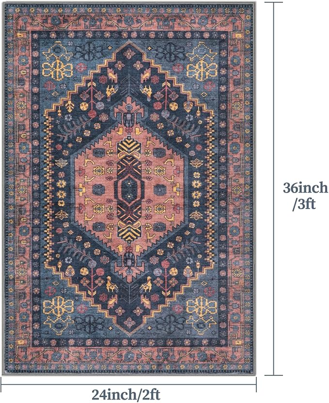 Ciicool 2x3ft Small Area Rug,Washable Boho Thin Mat for Entryway Kitchen | Oriental Non-Slip Low-Pile Indoor Carpet Soft Navy Rugs for Entrance Bedroom Kitchen Bathroom Foyer Decor