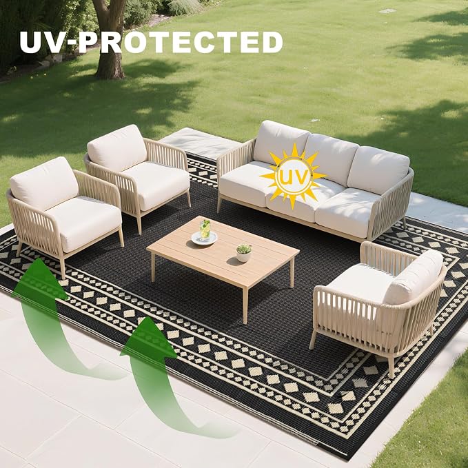 RURALITY Outdoor Rugs 8x10 Waterproof for Patios Clearance,Plastic Straw Mats for Backyard,Porch,Deck,Balcony,Black and Beige