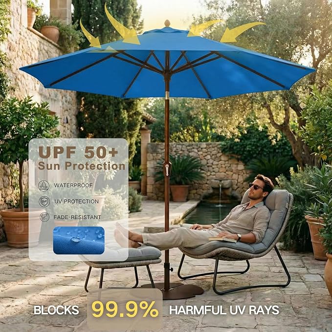 Kingdura 10FT Outdoor Patio Umbrella, Round Market Table Umbrella with Push‑Button Tilt and Crank Lift, 8 Sturdy Metal Ribs, UV50+ Protection Canopy for Backyard, Lawn, Deck, Poolside, Garden (Royal blue)