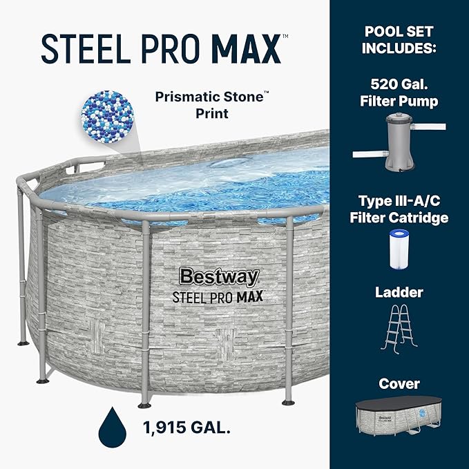 Bestway Steel Pro MAX Splashview 14’ x 8'2" x 39.5” Above Ground Pool, Oval Metal Frame Outdoor Swimming Pool Set with Filter Pump, Ladder, and Cover