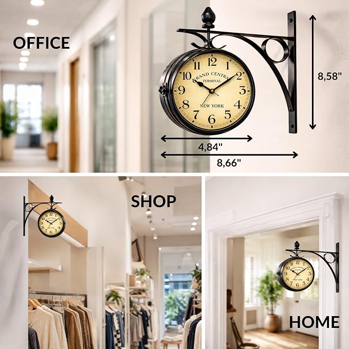Double Face Wall Clock Black – Small Vintage Wall Clock Double Sided 360 Degree Rotate Antique for Outdoor Indoor Decorative Office Kitchen Living Room