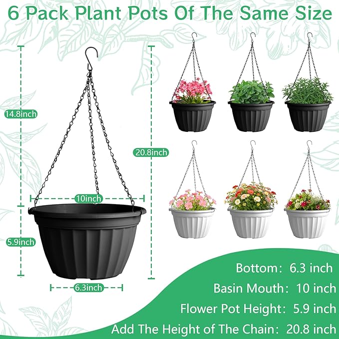 FGstyle 6 Pack Hanging Planters 10 Inch(Black & White),Self Watering Pots for Indoor Plants,Plastic Hanging Basket with Soil Elevator and 20" Chain for Home Garden Porch Balcony Patio Decor