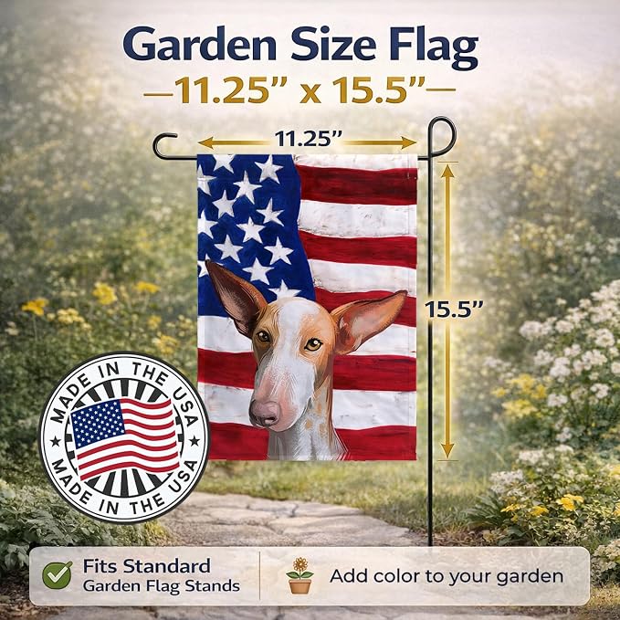 Caroline's Treasures CK6648GF Podenco Canario Dog American Flag Garden Flag Mailbox Flag Decorative Yard Flag Banner Outside Patio Artwork Yard Flower Beds, Garden Size, Multicolor