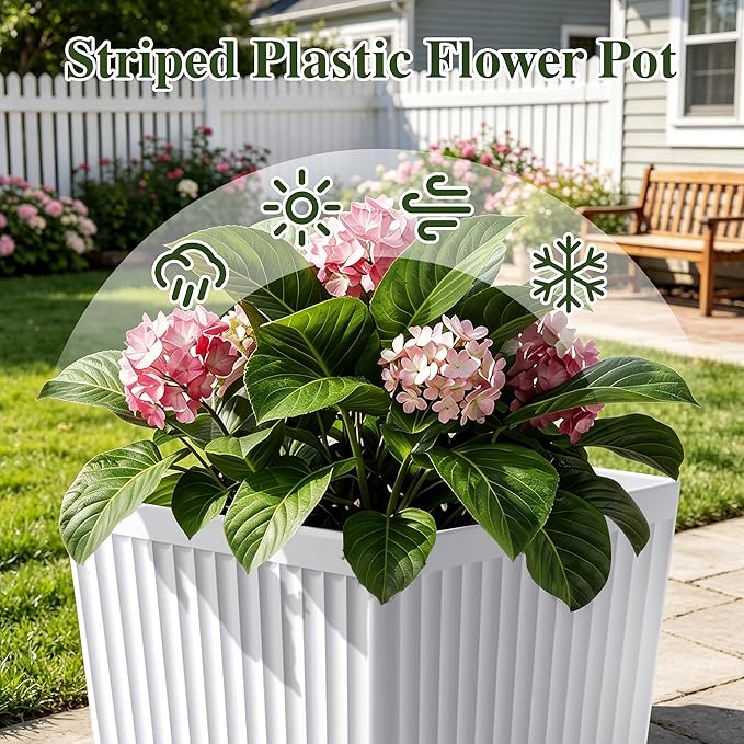 Front Porch Planters Outdoor Set of 2, 24" Tall Plastic Planters for Outdoor Plants with Drainage, Extra Large Outdoor Planter Pots, Tapered Tall Planters for Front Door & Indoor Plants, White
