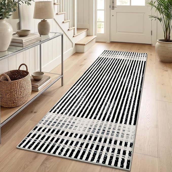 Washable 2x6 Modern Striped Area Rug, Abstract Runner for Hallway,Kitchen | Black Beige, Soft Low Pile, Skin Friendly, Non-Slip for High Traffic, Laundry Vintage Braided Paid Style Home Decor