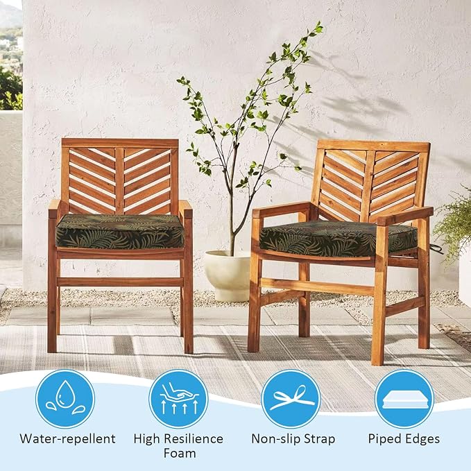 19 x 19 Inch Outdoor Chair Cushions with Tie Straps, Set of 4 Thick Water Repellent Square Patio Chair Pads for Garden Lawn Patio Furniture, Bamboo Leaf Jacquard