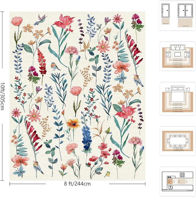 8x10 Area Rugs, Machine Washable Low Pile Floral Rugs for Living Room, Bedroom, Large Area Rug with Non-Slip Backing for Dining Room(Beige Floral)
