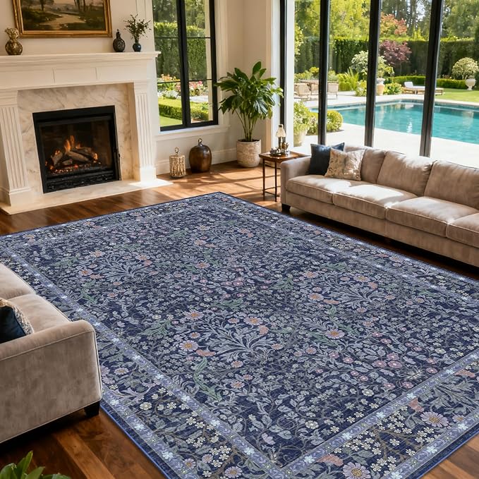 Extra Large 10x14 Area Rug for Living Room, Washable Rugs for Dining Room, Bedroom, Non Slip Stain Resistant Carpet, Low Pile Vintage Floral Rug (Blue)