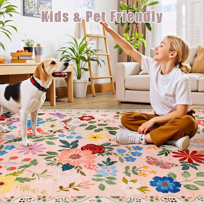 PLHXFR 8x10 Area Rug Living Room: Floral Washable Boho Soft Carpet Beige | For Bedroom Dining Room Farmhouse Nursery Hallway,Vintage Floral,Machine washable,Non Slip,Stain Resistant,Large Indoor