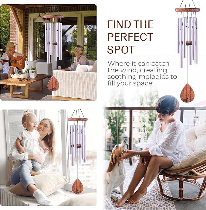Silver Wind Chimes for Outside Deep Tone, 28 Inch Havasu Hand Tuned E Major Wind Chime, Adjustable Clapper, Aluminum Beech Wood Garden Patio Porch Decor, Memorial Housewarming Gift