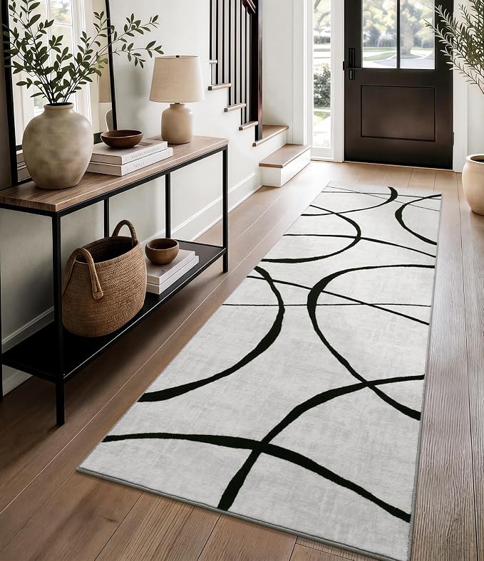 2x6 Washable Modern Black White Kitchen Runner Rug | Ultra-Thin Low Pile, Non-Slip TPE Backing, Soft Stain Resistant, Machine Washable, for Bedroom Livingroom High Traffic