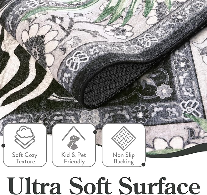 Moynesa Tiger 5x7 Area Rugs, Boho Washable Rugs for Living Room, Vintage Soft Dining Room Rug, Non Slip Ultra Thin Stain Resistant Large Floor Carpet for Office Bedroom, Black