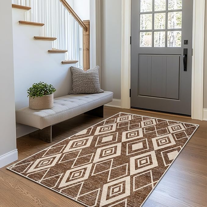 3x5 Moroccan Area Rug for Bedroom Entryway Western Boho Terracotta Modern Farmhouse Rug Machine Washable Non-Slip Tribal Series Carpet for Bathroom Kitchen Bedside Dining Room