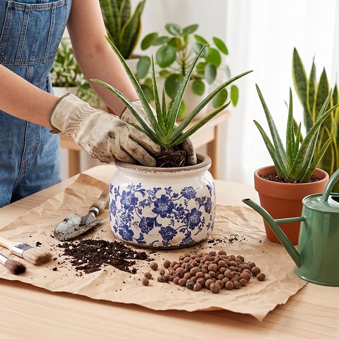 7.7" Large Vintage Ceramic Plant Pot Blue White Farmhouse Rose Crackle Glaze Rustic Flowers Planter Pot with Drainage for Indoor Outdoor Plants Kitchen Office Shelf Home Decor Gift