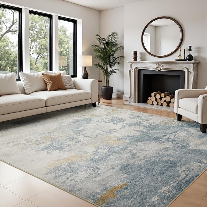 Joydeco 6x9 Area Rugs for Living Room, Non-Slip Modern Abstract Soft Washable Rug, Low Pile Carpet for Bedroom, Dining Room, Home Office, Pet & Child Friendly, White & Blue & Gold