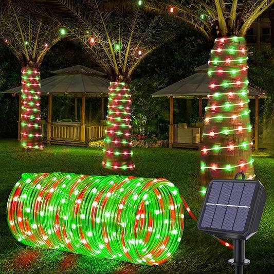 Jnaurb Solar Rope Lights, 66ft 200LED Solar String Lights, 8 Modes Waterproof Solar Outdoor Light, Flexible Clear Trampoline Light for Garden Backyard Patio Deck Porch Pool Tree Decor - Red & Green