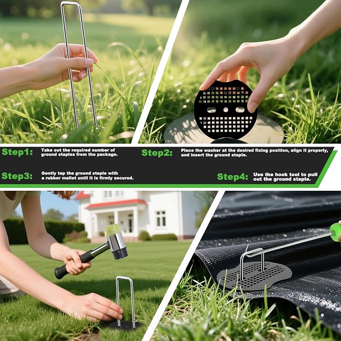 6 Inch Landscape Staples Set, 11 Gauge Galvanized U-Shaped Garden Stakes (200 Pack) with 200 Gaskets, Hook Tool & Rubber Mallet for Weed Fabric & Landscaping