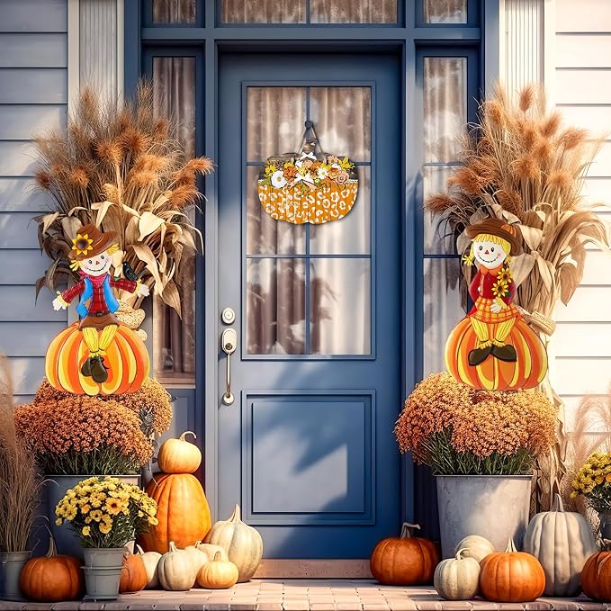 2 Pcs Fall Yard Signs Scarecrow Decorations Outdoor, 30"H Metal Thanksgiving Fall Yard Stakes Scarecrow Lawn Decor, Fall Garden Stakes for Patio Pathway Autumn Harvest Outside Decorations (Sitting)