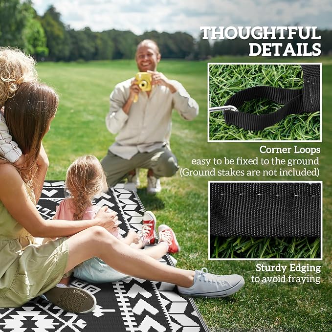Outsunny Outdoor Rug for Patio, 8' x 10' Waterproof Large Mat, Reversible Plastic Straw Rug for Decor, Portable Outside RV Camping Area Carpet Mat for Backyard Porch Deck Picnic, Black & White Rhombus