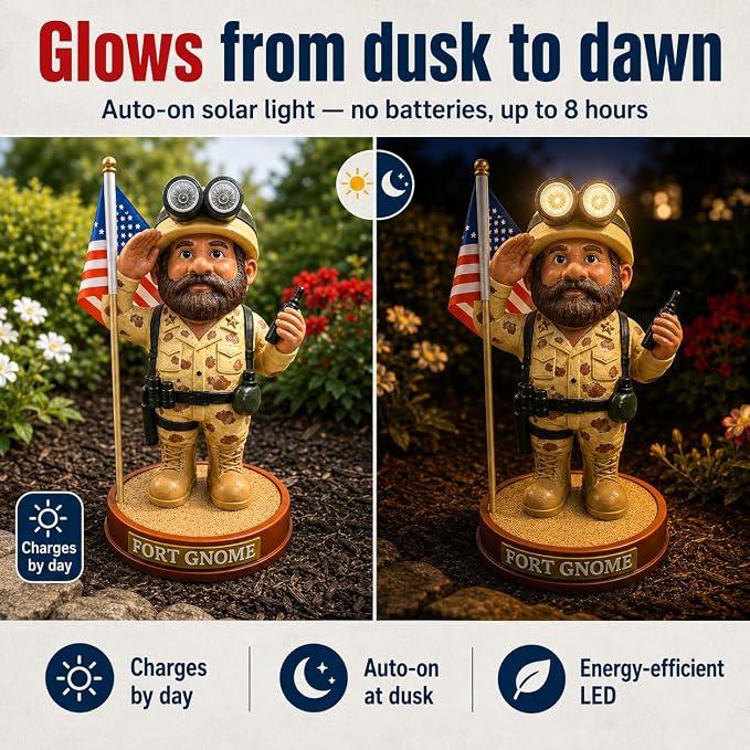Military Garden Gnome - Patriotic Veteran Gift, 11 Inch | A saluting soldier with solar-lit goggles, for Memorial Day, Veterans Day and the 4th of July. Weatherproof resin.