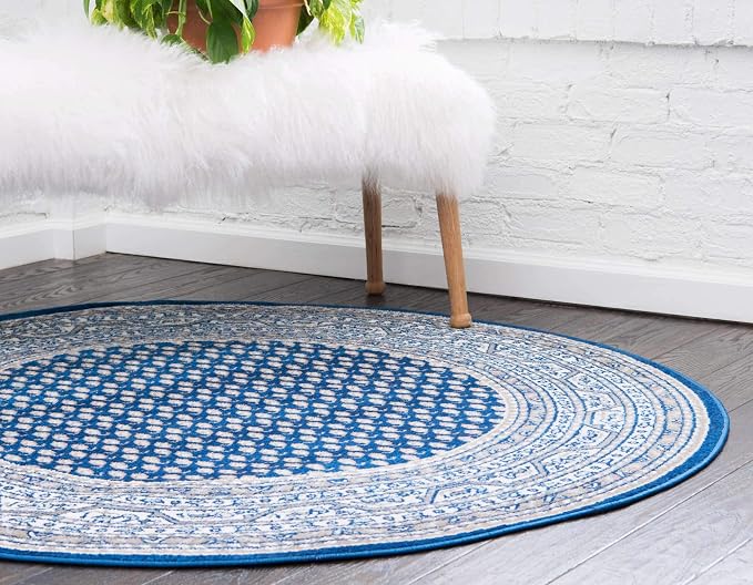 Unique Loom Williamsburg Collection Traditional Border with Dotted Center Area Rug, Round 3' 7" x 3' 7", Navy Blue/Gray