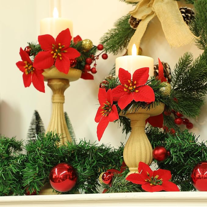 Zhengmy 30 Pcs 20 Inch Christmas Garland Ties with Poinsettia & Ornaments, Decorative Twist Tie for Banister Flexible Pine Stems for Christmas Stairs Railing Banister Decor DIY Craft Gift Wrapping