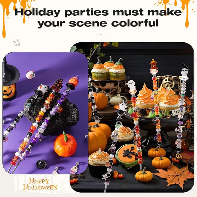 Beaded Garden Stake, DIY Halloween Decorative Garden Stake Kit, Beaded Fairy Wand with 12 in or 10 in Threaded Rod, Crystal Stopper, Large Holes Bead, Pendant,s Outdoor Thanksgiving Decorations kit