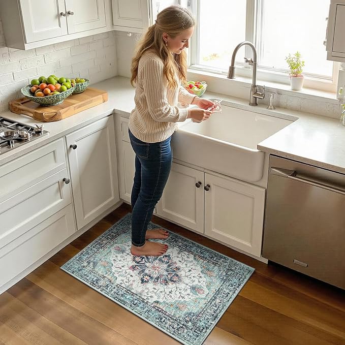 RELEANY Washable Area Rug, Small 2'x3', Teal Green/White/Navy | Non-Slip, Water Repellent, Pet Friendly, Easy to Clean, Vintage Floral Boho Decor for Kitchen Entryway Bathroom