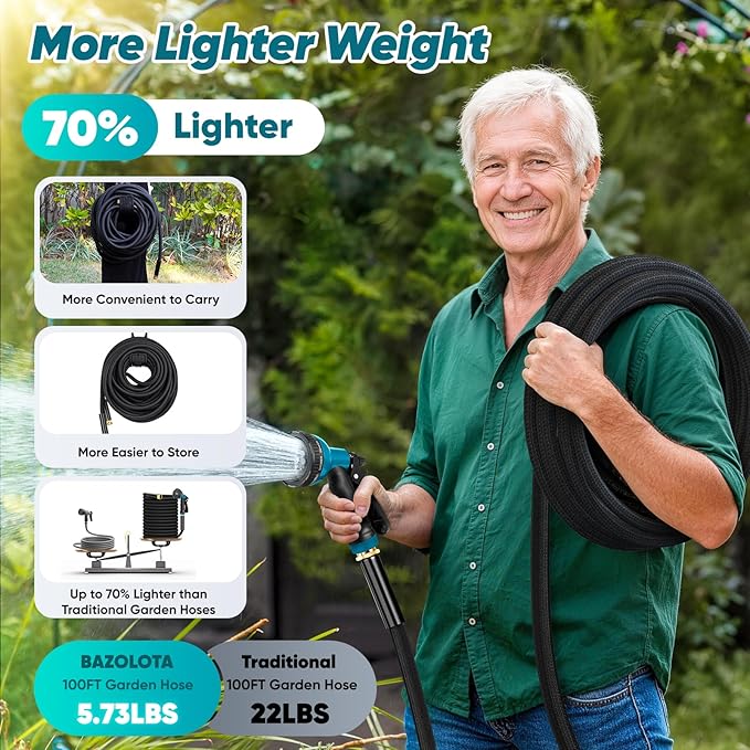 Garden Hose 100FT Non-Expanding, Lightweight Hose With 10-Function Nozzle, Leak-Proof No-Knot, Easy to Carry, Wear-Resistant, Sturdy 3/4GHT Flexible Water Hose for Outdoor (Black）