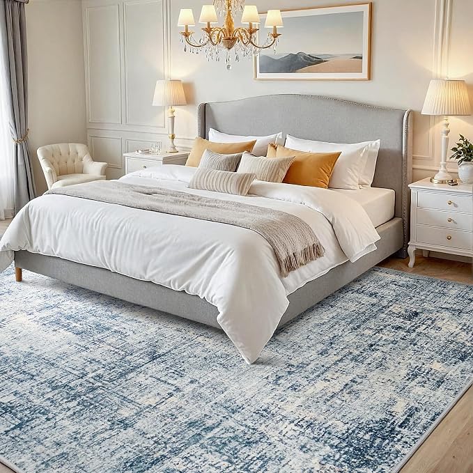 6x9 Washable Area Rug for Living Room Bedroom: Non-Slip Modern Blue Gold | Machine Washable TPR Backing, Stain-Resistant Low Pile, Pet & Kid Friendly, Abstract Decor for Dining Room, Dorm, Home Office