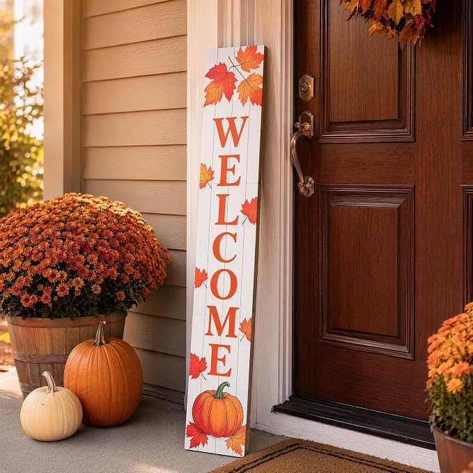 Fall Welcome Porch Sign | Vertical Wooden Welcome Sign with Pumpkin & Maple Leaves | Farmhouse Autumn Thanksgiving Harvest Decor | Front Door Indoor/Outdoor Home Decoration