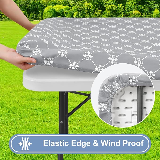 misaya 2 Pack Rectangle Vinyl Table Cloth, Elastic Fitted Tablecloth with Flannel Backing, Waterproof Table Cover Fits 6 Foot Folding Tables for Picnic, Camping and Outdoor (Light Grey, 30" x 72")