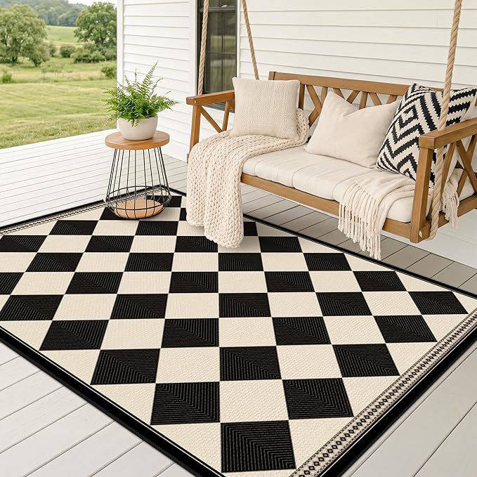Black and White Diamond 4x6 Easy Jute Area Rug for Porch Patio, Washable Checkered Outdoor Indoor Doormat, Non-Slip Low-Pile Geometric Front Porch Rug, Farmhouse Boho Entryway Carpet for Kitchen