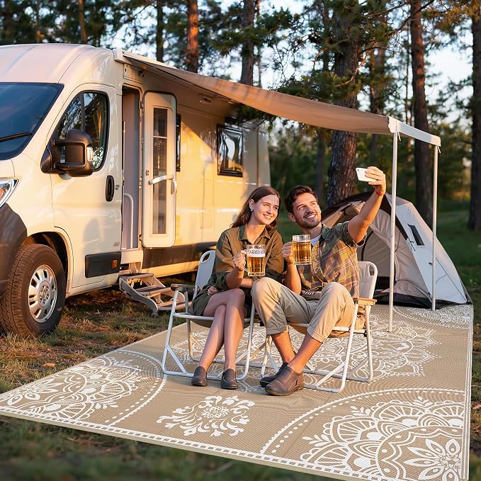 Pauwer Waterproof Outdoor Rug 9x12, Reversible Plastic Straw Patio Camping Rug, Indoor Outdoor RV Mat Carpet for Deck, Camper, Porch, Balcony, Backyard, Picnic, Floral Brown