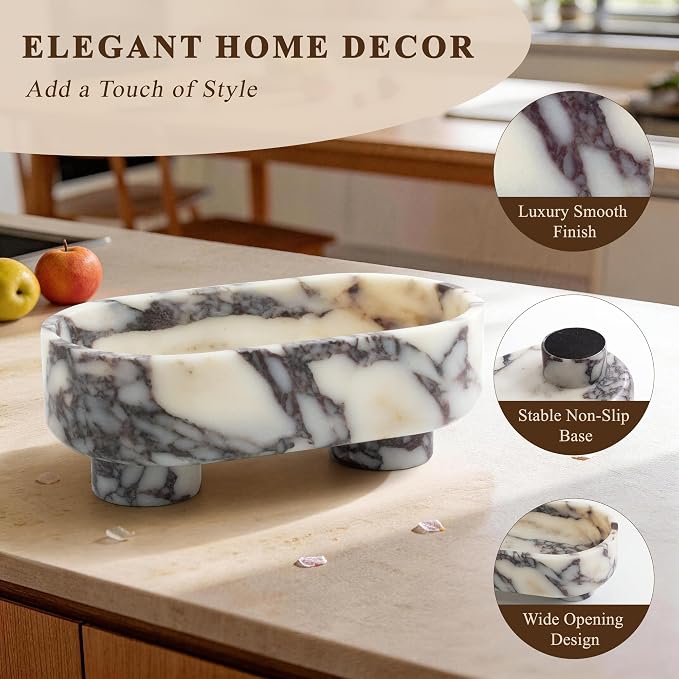 LIN CHUAN Natural Oval Marble Fruit Bowl for Kitchen Counter | Two-Legged Decorative Pedestal Bowl for Dining Table Decor, 10" Luxury Entryway Catchall Purse Bowl - Calacatta Viola