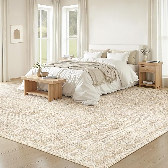 Living Room Rugs 8x10: Washable Moroccan Geometric Boho Rug Farmhouse Non Slip Stain Resistant Large Rug Low Pile Soft Carpet for Bedroom Dining Room Children Room (Beige,8'x10')