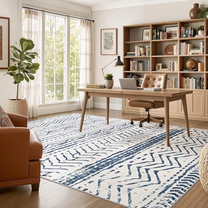 Nakagishi Boho 5x7 Area Rug Living Room Rugs Machine Washable Navy Blue | Soft, Pet & Kid Friendly, Carpet for Living Room/Bedroom/Office/Kitchen/Nursery, Daily Home Decor Stain Resistant Moroccan