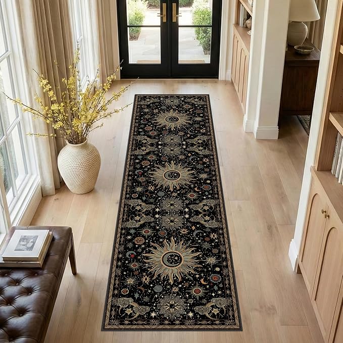 Vacuum-Friendly, 2x8 Washable Area Rug, Black Green Beige | Sun and Moon Boho Gothic Non-Slip Low Pile Living Roon Bedroom Dining Room Kitchen Entry Entryway Entrance Hallway Doormat