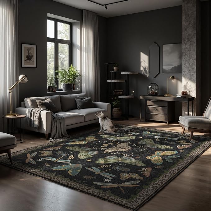 Dark Academia Gothic Black Area Rug 8x10 - Moth Carpet with Fantasy Design, Luxurious Machine Washable Non-Slip Rug for Living Room, Bedroom.