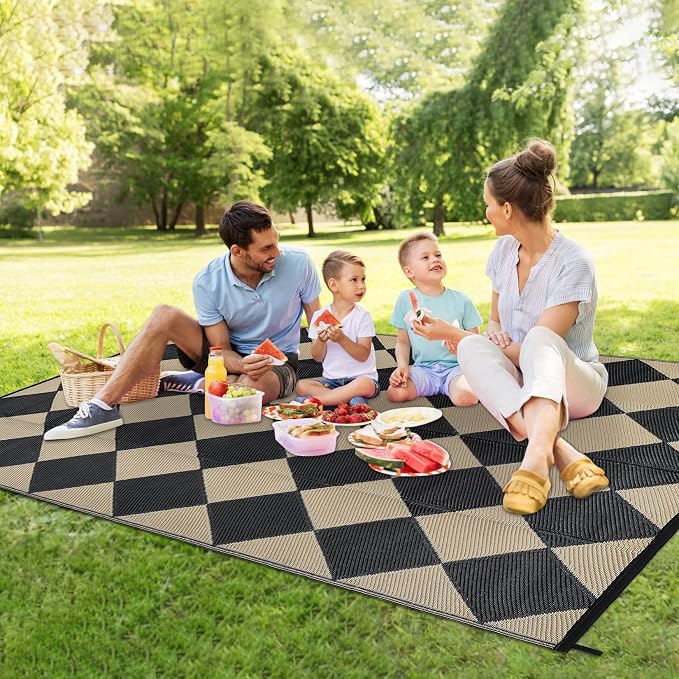 Garvee 8x10 Outdoor Rug Waterproof Plastic Straw Rug Outdoor Patio Rugs Reversible Mat Easy Clean Foldable Lightweight Large Area Rugs for Patio Porch Backyard Camping RV Beach Balcony Checkered Beige