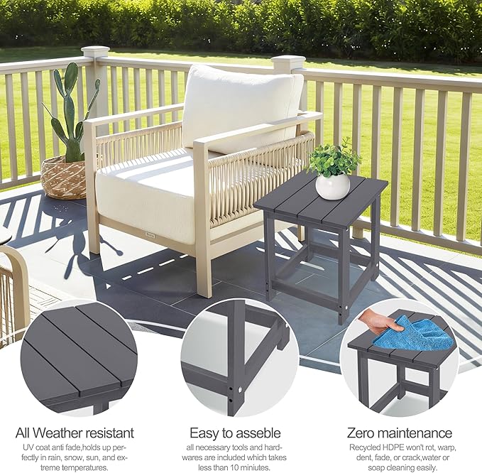 LZRS Patio Side Table, Heavy Duty HDPE Outdoor End Table with Wood Texture, Weatherproof Composite Table for Adirondack Chairs, Deck, Pool, Indoor/Outdoor, No Peeling or Cracking(Grey)