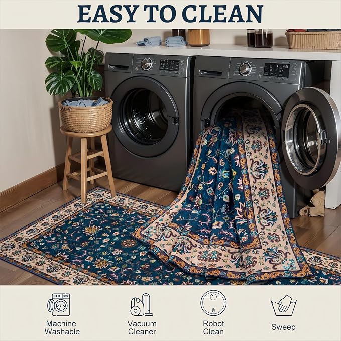 Tangsoo 2x3 Washable Rugs for Entryway, Small Area Vintage Floral Rug Non-Slip Soft Low Pile Rugs, Small Carpet Door Mat, Front Door Indoor Throw Rug for Entrance Kitchen Entry, Home Decor Navy Blue
