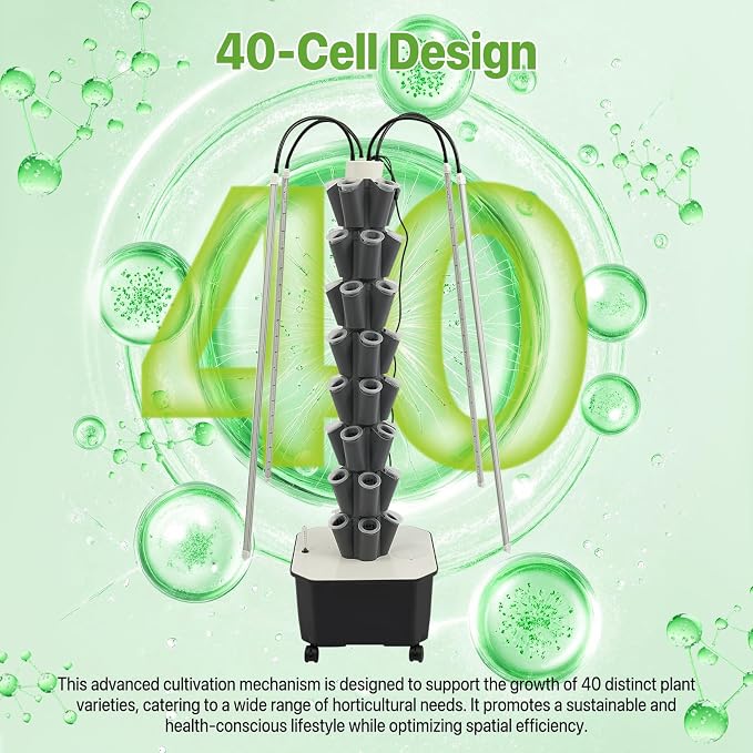 Hydroponic Growing System Tower, 80W 40 Plants 5-Layer Hydroponic Tower with LED Light Vertical Hydroponics Garden Tower for Herbs Vegetables Fruits with Pump & Water Level Gauge Grey