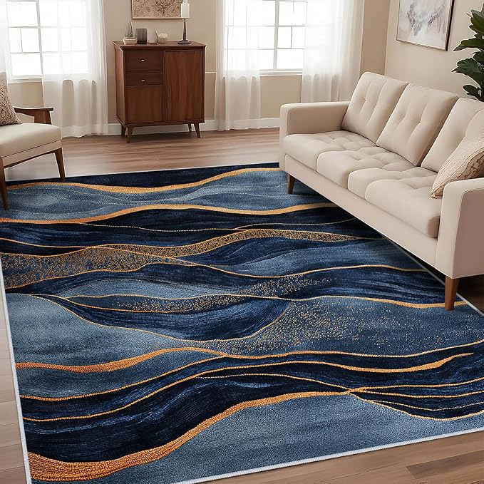 Navy Blue Area Rug Washable 5x7 Abstract Rugs for Living Room Bedroom Modern Gold Non-Slip Soft Floor Large Carpet for Office Entryway Bathroom
