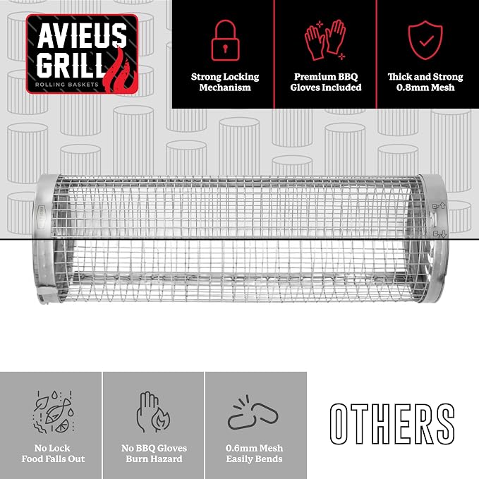 AVIEUS GRILL Rolling Grill Basket | Rolling Grilling Baskets for Outdoor Grilling 2 Pcs | Barbecue Grill Set with BBQ Gloves | Portable Camping Net Rack Perfect for Vegetables, Seafood & Meat