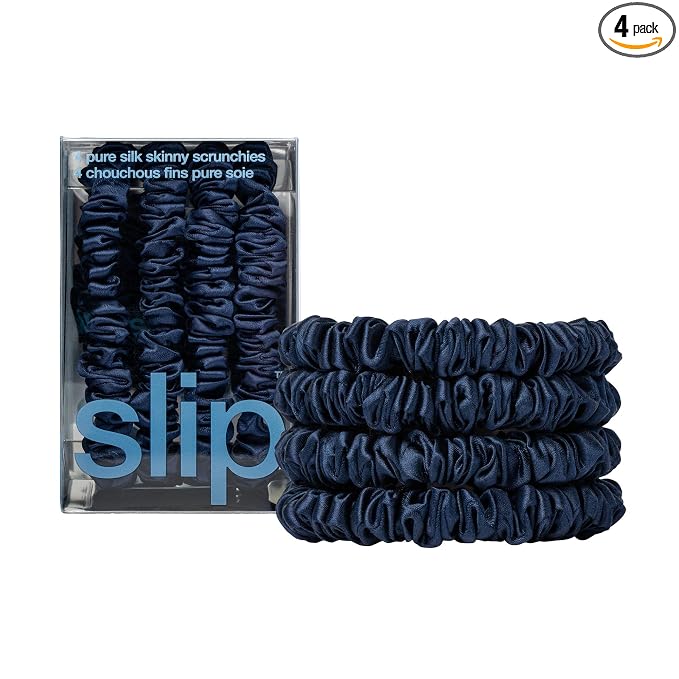Slip Silk Hair Ties — Skinny Silk Navy Scrunchies, No Damage, No Crease, Anti-Breakage |100% Mulberry Silk | All Hair Types | Made with Proprietary Slipsilk™ | Set of 4